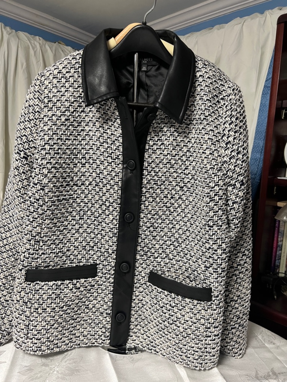 Talbots Black and White Blazer Tweed Jacket with Faux Leather Trim